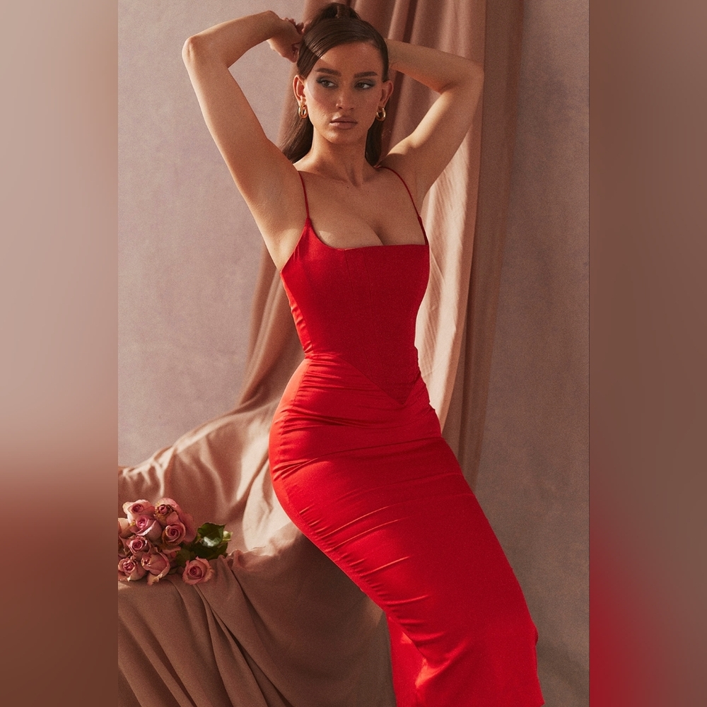 House of CB Anais‎ scarlet red satin corset midi dress XL - Picture 2 of 6